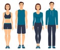 Couples in sportswear. Young men and women standing in full growth in different sports clothes for exercises in gym, running, fitn