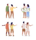 Couples traveling together semi flat color vector characters set