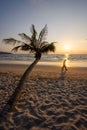 Couples walking on the beach by the sea at sunset is a romantic picture With leaning coconut trees Royalty Free Stock Photo