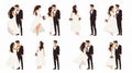 Couples wedding love set. Happy newlyweds in white tuxedos and dresses. Isolated flat graphic modern illustration