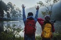 Couples who love to travel, take pictures Beatiful nature at Pang ung lake and pine forest at Mae Hong Son in Thailand Royalty Free Stock Photo