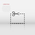 Coupon cut lines icon in flat style. Scissors snip sign vector illustration on white isolated background. Sale sticker business