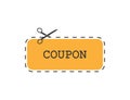 Coupon with cutting scissors. Sale label in orange color. Dashed border. Discount tag. Template of price coupon. Marketing mockup