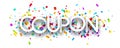 Coupon sign on cut ribbon confetti background Royalty Free Stock Photo