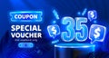 Coupon special voucher 35 dollar, Neon banner special offer. Vector