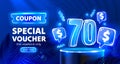 Coupon special voucher 70 dollar, Neon banner special offer. Vector