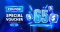 Coupon special voucher 65 dollar, Neon banner special offer. Vector