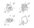 Coupons, Parking place and Education idea icons set. Unlock system sign. Shopping tags, Transport, Quick tips. Vector