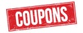 COUPONS text on red grungy rectangle stamp