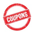 COUPONS text on red grungy round stamp