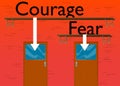Courage and fear text with arrows and doors.