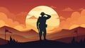 Courage and Sacrifice The silhouette of a military person saluting while standing on a battlefield at sunset symbolizing