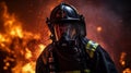 Courageous firefighter standing in front of blazing house with empty area for text and messages