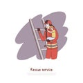 Courageous fireman climbing ladder, fire extinguisher helping little scared boy, firefighting service banner