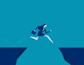 Courageous jump over a gap from cliff. Vector illustration concept
