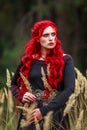 Courageous young lady with long red hair in image of fabulous historical character of witch and priestess in a mystical forest Royalty Free Stock Photo