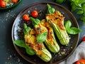 Courgette flowers stuffed with pizzottella and some tomato