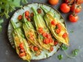 Courgette flowers stuffed with pizzottella and some tomato