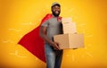 Courier acts like a powerful superhero. Concept of success and guarantee on shipment