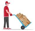 Courier with barrow full of boxes isolated