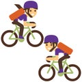 Courier bicycle delivery boy and girl with parcel box on the back. Ecological city bike delivering service illustration