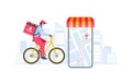 Courier on bicycle with parcel box on the back delivering food In city. Express delivery service. Royalty Free Stock Photo