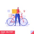 Courier with bike delivering food in box. Food delivery service. Concept of fast delivery, shipping, logistics transport, order Royalty Free Stock Photo