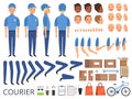 Courier box character animation. Body parts head arms cap hands of warehouse worker faces vector creation kit