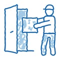 Courier with Box Enters Door doodle icon hand drawn illustration