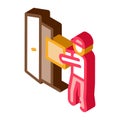 Courier with Box Enters Door isometric icon vector illustration