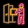 Courier with Box Enters Door neon glow icon illustration