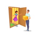 Courier brought package to women at home. Housewife open the door of apartment and meets deliveryman