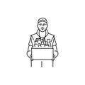 Courier with cardboard box with cosmetics black line icon. Pictogram for web page Royalty Free Stock Photo