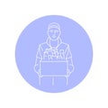 Courier with cardboard box with cosmetics black line icon. Pictogram for web page Royalty Free Stock Photo