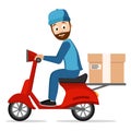 Courier carries a parcel on a scooter on a white.