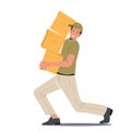 Courier Carry Heavy Pile of Carton Boxes. Express Delivery Man Character Wear Uniform Hurry to Client with Parcels