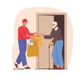 Courier Character Caregiving of Elderly People Bring Grocery or Medicine during Lockdown. Help to Seniors at Pandemic