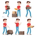 Courier characters,delivery man holding boxes in different poses.Shipping, logistics service in business and industry. Flat style