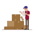 Courier checks parcels list. Boxes for sending mail. Warehouse worker or a postman. Flat character isolated on white