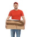 Courier with damaged cardboard box and clipboard on background. Poor quality delivery service Royalty Free Stock Photo