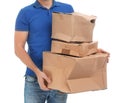 Courier with damaged cardboard boxes on background, closeup. Poor quality delivery service