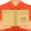 Courier delivering package hands holding package delivery flat design background concept vector illustration Royalty Free Stock Photo