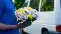 Courier delivery beautiful fresh bouquet, anniversary present, birthday gift