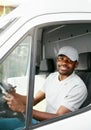 Courier Delivery. Black Man Driver Driving Delivery Car Royalty Free Stock Photo