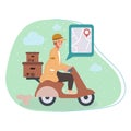 Courier or delivery online service worker on scooter. Character with parcels packages boxes. Vector illustration moto