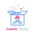 Courier delivery, open box, receive parcel, distribution service