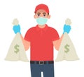 Courier or delivery person in mask and gloves showing cash, money bag. Man holding currency notes sack. Male character design.