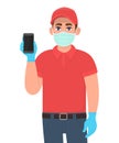 Courier or delivery person in mask and gloves showing phone. Man holding smartphone. Male character displaying cell, mobile phone