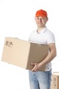 Courier from delivery service in cap with cardboard box in hands isolated on white background. Portrait of caucasian delivery man Royalty Free Stock Photo