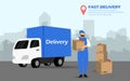 Courier delivery service with the parcel. A man with boxes on the background of the truck. Fast shipping Royalty Free Stock Photo
